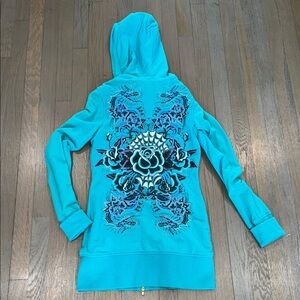 Auth Ed Hardy by Christian Audigier Women's Blue long Hoodie Jacket Sz M